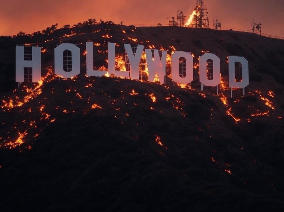 An AI-generated fake image showing the Hollywood sign on fire, which spread widely on social media during the January 2025 Los Angeles wildfires.