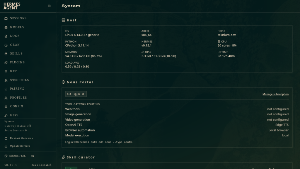 Hermes Agent admin interface screenshot from the official documentation