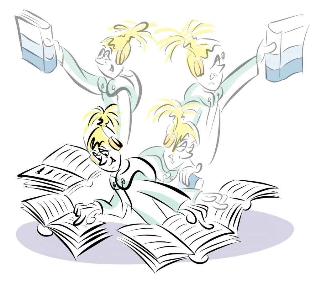 Illustration of an AI assistant sitting among a pile of open books, reading through all of them