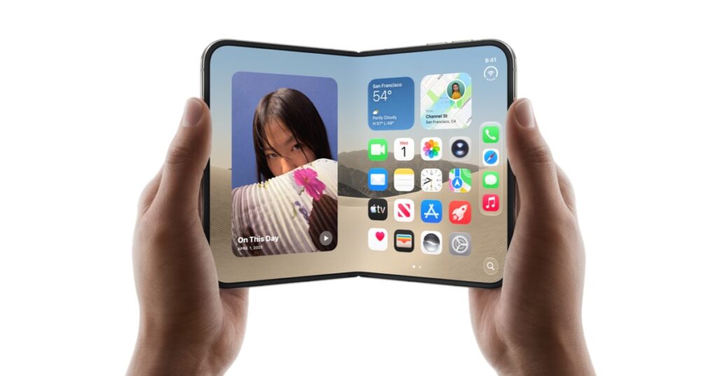 Apple's iPhone Duo, the company's first foldable iPhone, photographed at an angle.